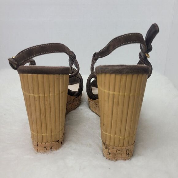 Prada Brown Suede Platform Slingback Cork Wedge Bamboo Sandals Shoes Size 7.5 - Picture 4 of 8